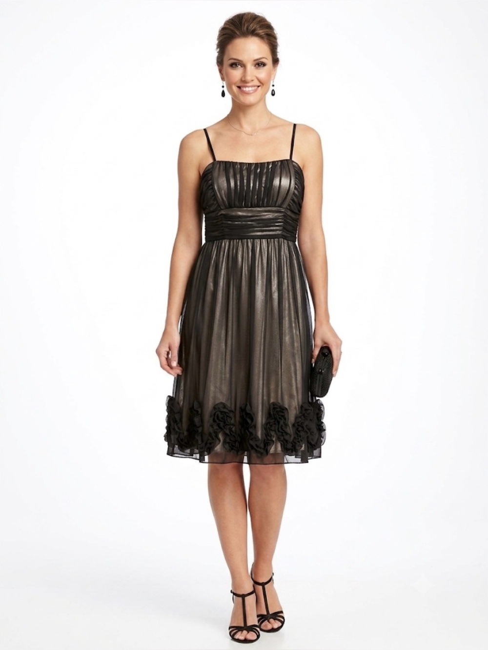 Dressbarn Metallic Black Ruffle Hem Cocktail Dress 16 Spaghetti Strap